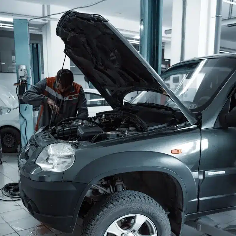 Mechanic Working On Car Engine Under Hood Mechanic in uniform inspecting and working on a car engine with the hood open in a workshop.