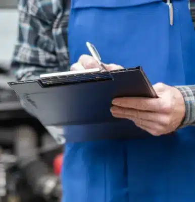 Mechanic Inspecting Vehicle With Clipboard Close-up of a mechanic in blue overalls holding a clipboard and pen, inspecting a vehicle.