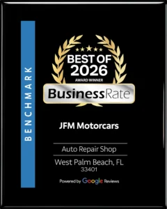 JFM Motorcars awarded Best of 2026 for Auto Repair Shop in West Palm Beach, FL by BusinessRate and Google Reviews.